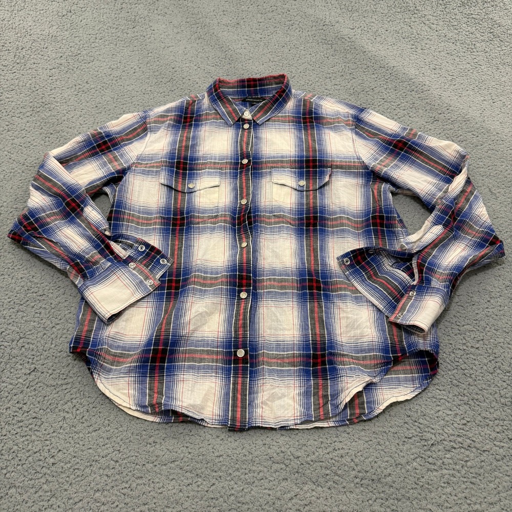 J.Crew Garcon Classic Fit Plaid Pearl Snap Shirt Blue White Women Size 10 Cotton